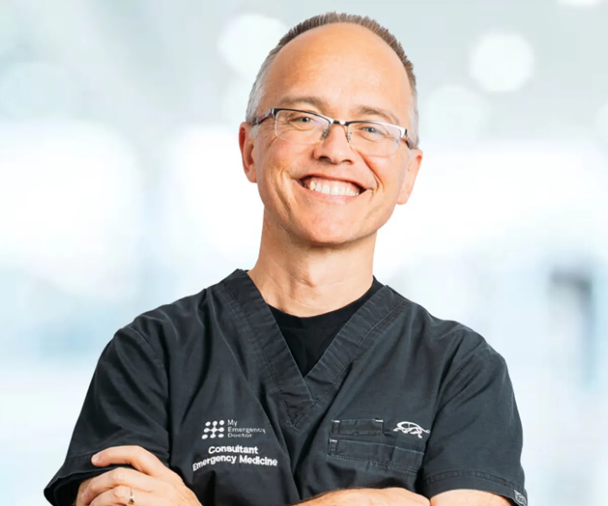 Emergency medicine specialist on video consultation